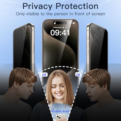 Image of JETech Privacy Full Coverage Screen Protector for iPhone 15 Pro Max 6.7-Inch, Black Edge Anti-Spy Tempered Glass Film with Easy Installation Tool, Case-Friendly, 2-Pack