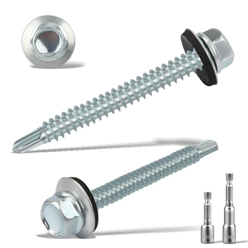 Lot de 120 vis à tôle trapézoïdale auto-taraudeuses avec rondelle d'étanchéité 5,5 x 25 mm + 2 douilles hexagonales M8 Vis étanches galvanisées Vis de...