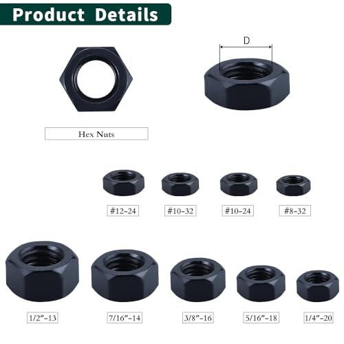 Image of 7 /16 inch-14 Black Hex Nuts, 304 Stainless Steel 18-8, Hexagon Head Nuts for Home Automotive DIY User, Black Coated Finish, Hex Drive, 10 PCS
