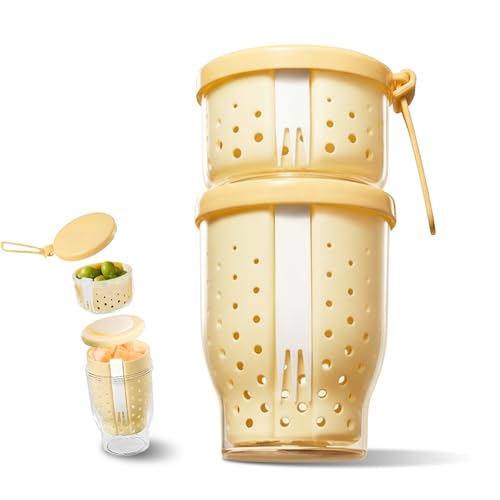 Botsparty Reusable 39 oz Fruit Salad Cup with Lid - 2-in-1 Leakproof Snack Container, Double Layer with Drain Holes & Built-in Fork for Overnight Oats, Yogurt Parfait, Office & Gym (yellow)