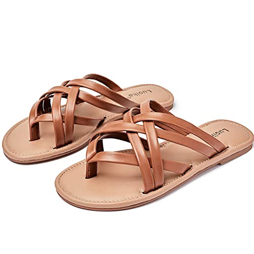 Image of Luoika Women's Wide Width Flat Sandals, Flip Flop Slides Sandal Casual Strapy Sandal Slip on Summer Beach Shoes for Women.