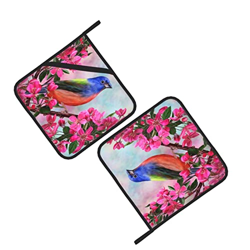 Bird Blooming Flowers Spring Washable Set Of 2 Pot Holders Decorative Kitchen Gift For Cooking Microwave Bbq Baking #TOP2