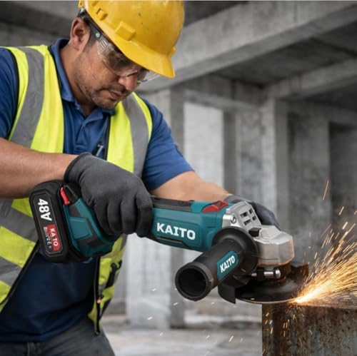 Image of KAITO 5 Inch Cordless Angle Grinder | Brushless Motor | 4 Variable Speed Control | 125MM Disc | 9500 RPM | 2 x 48V LI-ION Battery with Fast Charger | Cutting & Grinding Tool | for Home & Professional