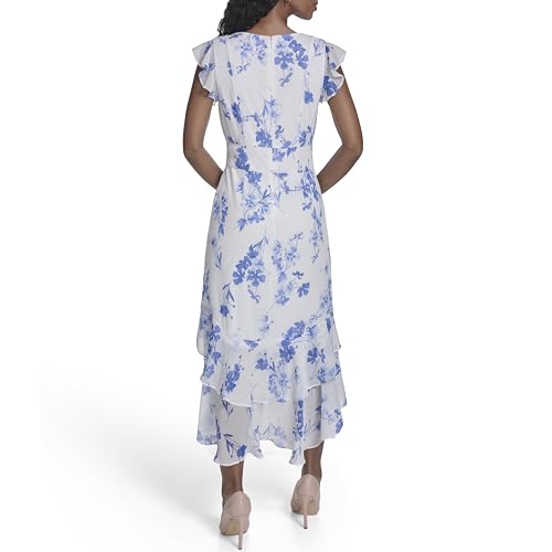 Image of Tommy Hilfiger Women's Flutter Sleeve V-Neck Ruffle Trim Hi-Lo Midi Dress