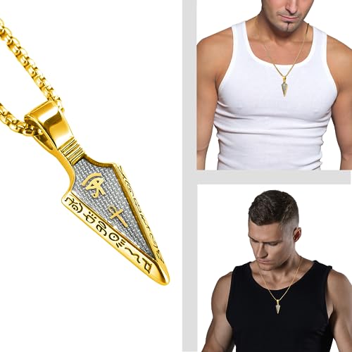 MERTTURM męski naszyjnik oko horusa, egipski symbol ochrony krzyża Ankh dla mężczyzn, biżuteria stal nierdzewna, wisiorek z grotem włóczni z pudełkiem, złoty/czarny/srebrny łańcuszek 60cm