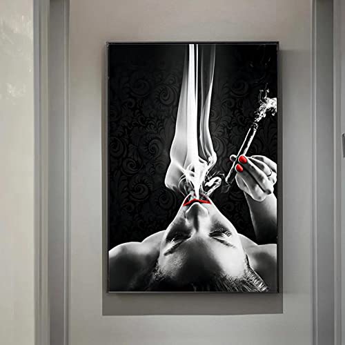 Peinture sur toile femme fumer abstrait noir poster salon 80x110cm