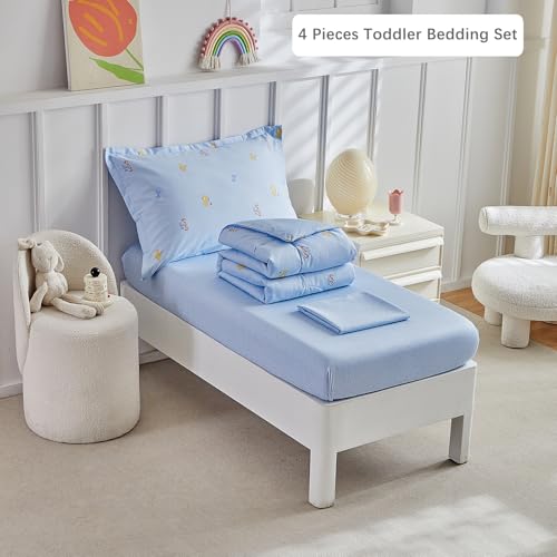 Image of DuShow Cotton Toddler Bedding Set,4 Piece Toddler Bed Comforter Sets, Blue Fish Pattern for Kids Boys and Girls,Includes Quilted Comforter,Fitted Sheet,Top Sheet,and Pillow Case