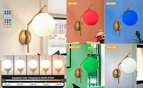 Image of Wall Sconce Battery Operated Wall Light Set of 2,Gold Rechargeable Battery Wall Sconce with 8000mAh Detachable Bulbs,10 Colors Remote Dimmable Wireless Sconce for Bedroom Living Room Hallway