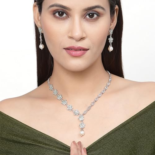 Oxidised Silver-Plated Flower American Diamond Necklace Earrings Set