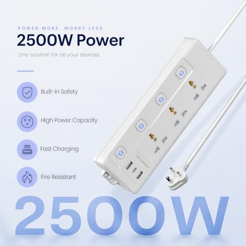 Image of AILKIN 3 Socket Universal Extension Board with Individual Switches, 3 Pin Power Strip with Heavy Duty Cable, Multi Plug Extension Box for Home, Office, TV, Laptop, Mobile Charger & Appliances (White)