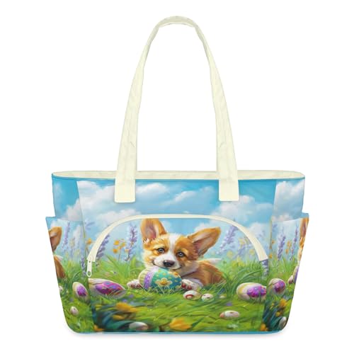 Sac fourre-tout matelassé Corgi avec fermeture éclair pour femme motif œuf de Pâques