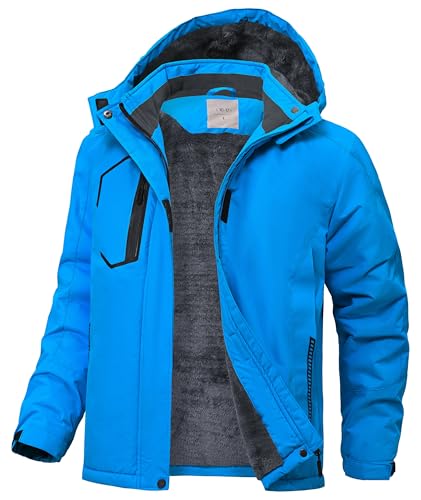Zoofly Winterjacke Kinder Warm Fleece Wanderjacke Gefütterte Wasserdicht Skijacke Jungen mit Abnehmbar Kapuze Outdoor Hellblau L(10-12)
