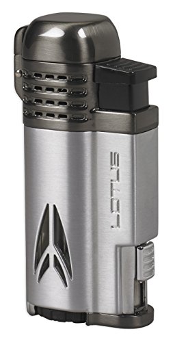 Lotus Defiant Cigar Lighter with Quad Pinpoint Torch Flames, Single Action Ignition, All Metal Housing, Retractable 10 mm Cigar Punch, Large Flame Adjuster (Chrome & Dark Gunmetal)