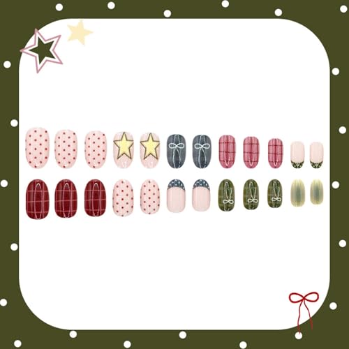 Image of Cottagecore Plaid Bow Press on Nails Medium Oval Fake Nails with Star Polka Dot Design Reusable Glossy Full Cover Stick on Nail for Women Manicure 24Pcs