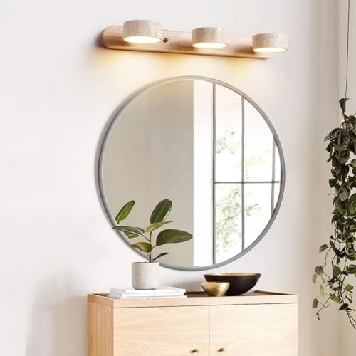 Image of Farmhouse Wood Vanity Light Fixture Nordic Style Stone Wall Lamp Natural Travertine Shade Linear Bathroom Wall Sconce 3 Lights Rotatable LED Wall Light Over Mirror - Natural Wood Color