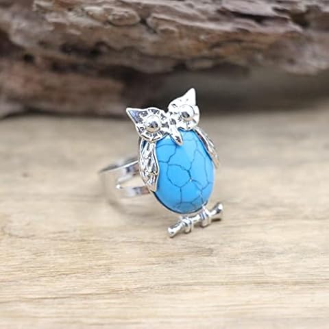 HGJH Natural Blue Turquoise Ring Cute Owl Animal Ring Adjustable Women'S Open Stone Rings Reiki Balance Ankle Finger Rings Eternity Ring for Women Girl Men Cover