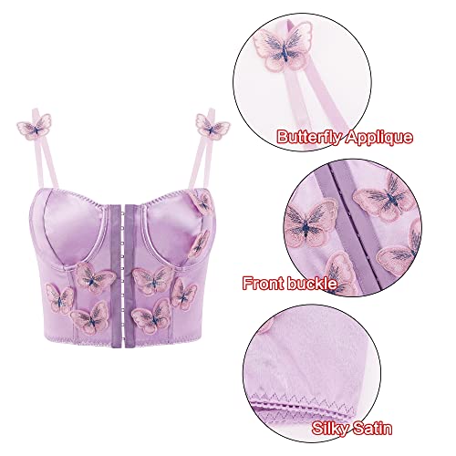 Testudineus Women Silky Satin Front Push Up Bustier Chic Butterfly Applique Corset Bra Vest Tight Sleeveless Tube Top #TOP5