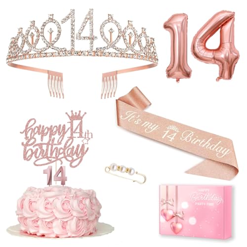 14 Geburtstag Mädchen Deko 14. Geburtstagskrone und Schärpe Tortendeko Geburtstag und Kerzen Roségold Folienballon 14 14. Geschenk für Mädchen zum Geburtstagsparty Supplies