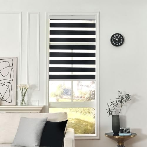 Joydeco Cordless Zebra Blinds for Windows, Dual Layer Free-Stop Zebra Shades Privacy Light Control for Day and Night, Light Filtering Zebra Blinds for Indoor Windows (Black, 58" W x 75" H)