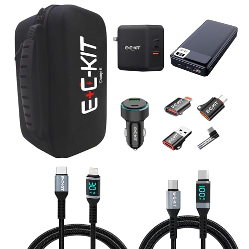 E+C-KIT Fast Charging Bundle - Pack of 10 Products: 100W GaN Quick Charger, Power Bank, Car Charger, Charging Cables, Adapter Set, and Zipper Bag -, Black