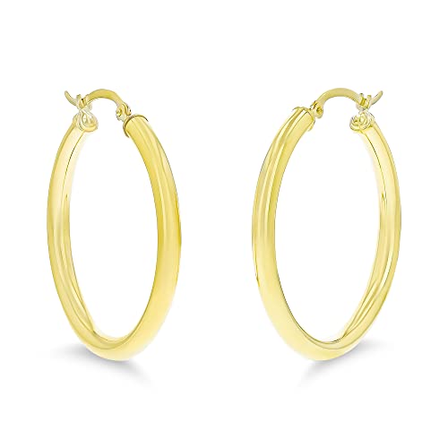 14K Yellow Gold Solid Polished Round Hoop Earrings For Women | 3Mm Thick | Classic Style | Round Hoop Earrings | Secure Click-Top | Shiny Polished Earrings For Girls, 3X30Mm #TOP2