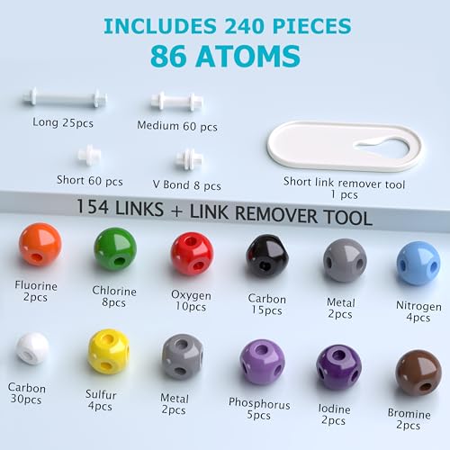 Image of Molecular Model Kit, 240 Pcs Organic Chemistry Structure Set | Includes with 86 atoms and 154 bonds, Build Molecular Structures, Visualize Organic Molecules, High School & College