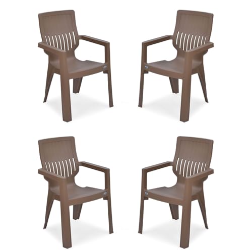 Image of Nilkamal Ortho Comfort Plastic Chair with Arm|Set of 4| 3 Year Warranty |Stackable Chair for Home, Living Room, Dining Room, Cafe & Balcony |Ergonomic Back Support |Indoor & Outdoor |Rattan Dark Beige