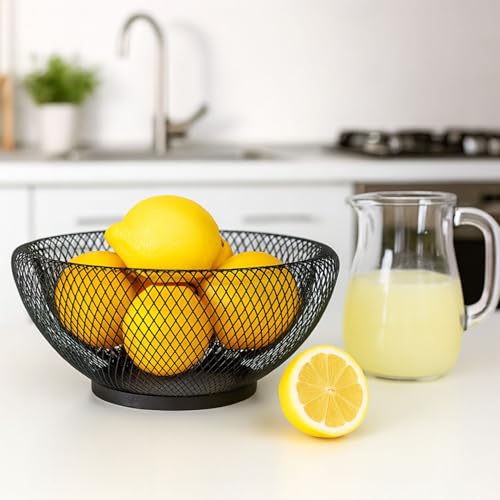 Image of Go Hooked Double-Layer Metal Mesh Fruit Bowl -12 Inch Durable & Stylish Iron Wire Basket, Keeps Fruits Fresh & Insect-Free, Perfect for Display Table, Dining Table, Room Desk Storage Basket - Black