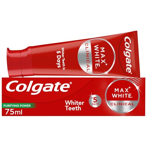 Colgate Max White Clinical Purifying Power Toothpaste 75ml - Hydrogen Peroxide Teeth whitening Toothpaste - Whiter Teeth in 5 Days - Deeply whitens Stains* - Enamel Safe for Daily use