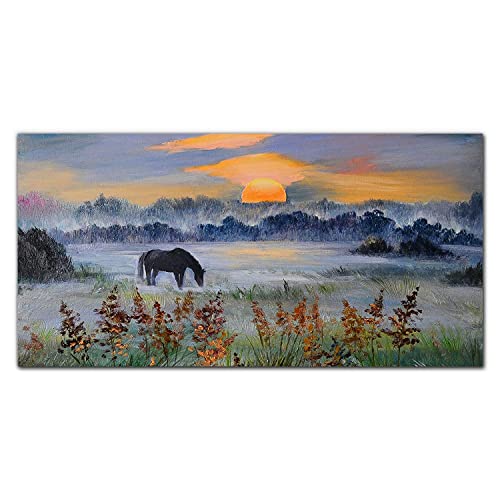 Tableau en verre acrylique 100x50 cm avec motif coucher de soleil et animal de pré pour salon