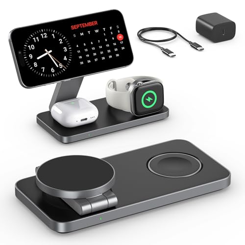EXW Cargador inalámbrico magnético 3 en 1 con MagSafe Cargador portátil Plegable para iPhone 17/16/15/14/13/12 AirPods Apple Watch Adaptador de Cable 20W (Negro)