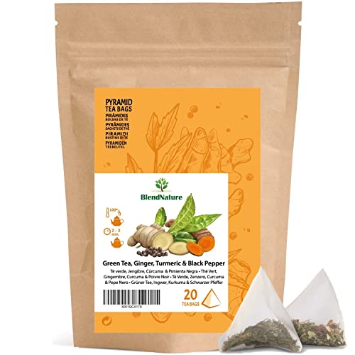 Te verde con Jengibre + Cúrcuma y pimienta para infusiónes + DETOX Depurativo Diurético y Antioxidante- en 20 bolsas Piramides - 100% Natural