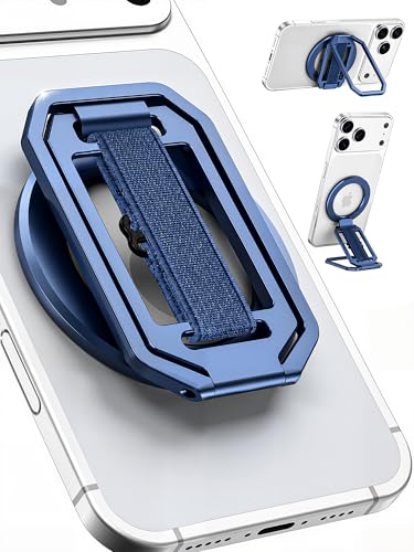Image of 【On-the-Go】 Pro Aluminum Phone Grip Stand for MagSafe,【Extendable】 360 Rotatable Magnetic Ring Holder with【Anti-Slip】 Finger Strap for iPhone 17 16 Pro Max Portrait Landscape & Mag Safe Case - Blue