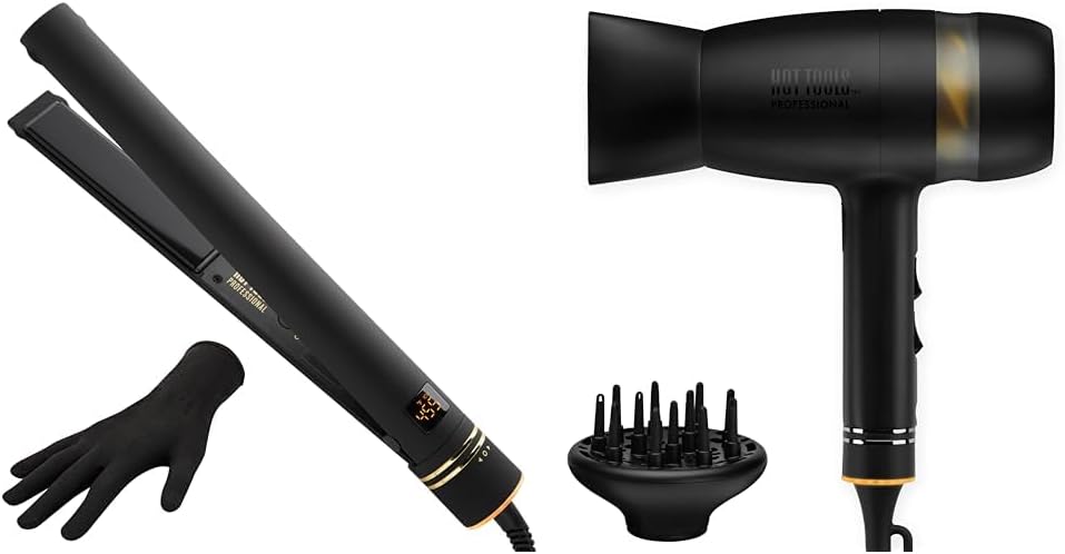 Hot Tools Evolve Black Gold 1 in Ionic Flat Iron and Quietair Power Dryer | Long-Lasting Finish for Hair Straightening & Zen Drying Experience