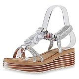  SCARPE VITA Damen Plateau Sandaletten Strass Sommer Schuhe Keilabsatz Blumen Wedges Sommer-Sandaletten Absatz-Schuhe 196434 Silber Muster 38