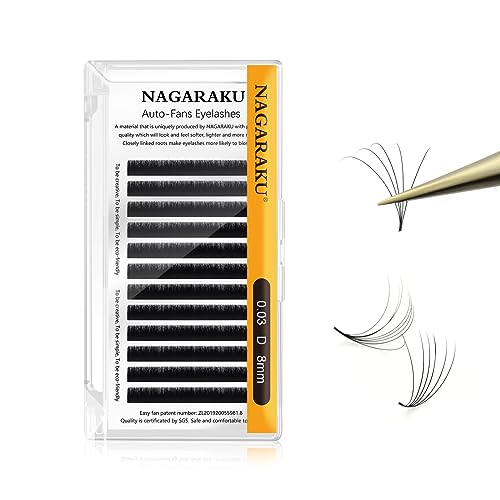 NAGARAKU Easy Fan Eyelash Extensions Volume Lash 0.03 D curl 8mm Rapid Blooming Faux Mink Cluster For Beginners Soft Professional Lash Supplies