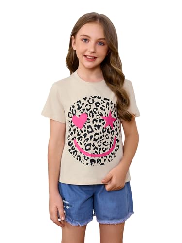 Image of WDIRARA Girl's Leopard Graphic T Shirt Crew Neck Short Sleeve Tee Shirts Cute Tops