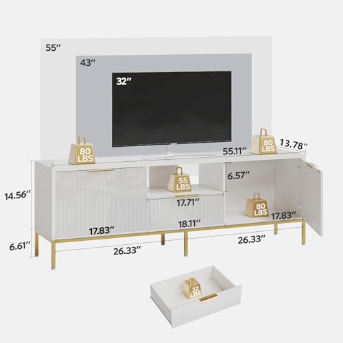 Bestier Fluted TV Stand for 55/60 Inch TVs, Modern Entertainment Center with Storage, Glossy Media Console Table with Wave Pattern for Living Room & Bedroom, White by Bestier - Image 6