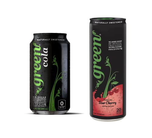 Green Cola 12Fl Oz 8Ct & Green Sour Cherry 12 Fl Oz 6Ct - No Sugar Added, Naturally Sweetened With 100% Stevia Leaf Extract, Keto Friendly Carbonated Soft Drink 14Ct Bundle #TOP9