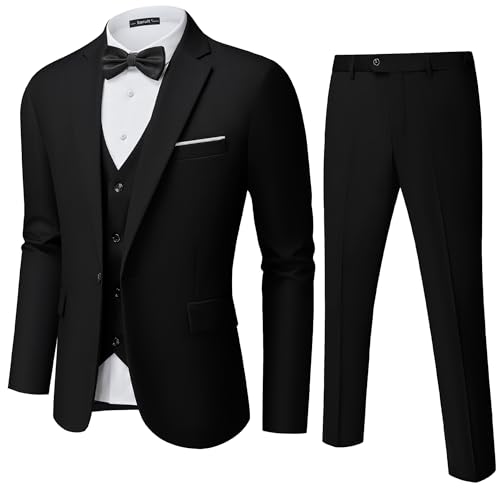 Mens Suit Tuxedo Set Slim Fit Suits 3 Piece One Button Prom Wedding Blazer Vest Pants with Bow Tie