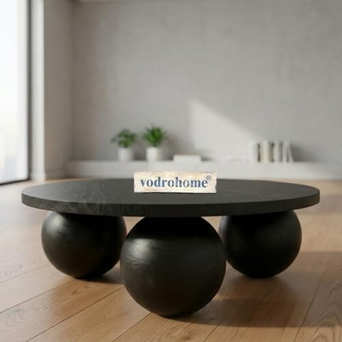 Image of Solid Mango Wood Modern - Round Coffee Table with Ball Shape Base - Bohemian Solid Wood Coffee Table for Office and Living Room C#058 (Black)