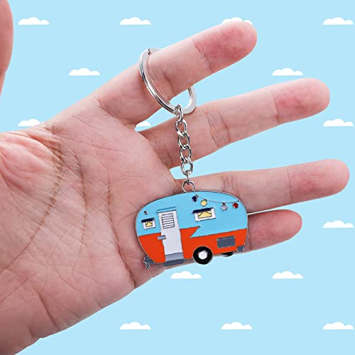Image of Thinp 2 Pieces Camper Keychain, RV Camper Keyring Accessories for Travel Trailers Enameled Metal Retro Camping Car Keychain
