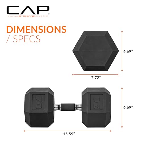 Image of CAP Rubber Coated Dumbbell Weights, Free Weights for Home Gym Strength Training, Anti-Roll Hex Dumbbells with Black, Chrome & Comfort Grip Handles, Singles