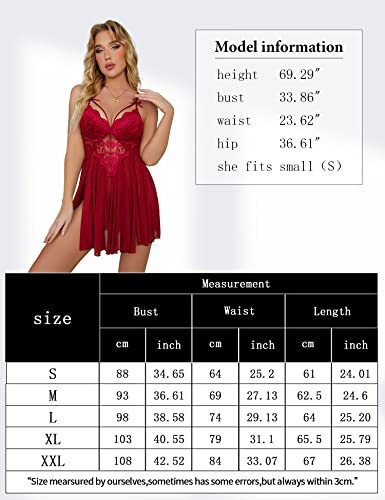 Queenfox Lingerie For Women Lace Babydoll Mesh Sheer Chemise Nightgown Deep V-Neck Side Split Bow Shoulder Strap Nightdress (Wine Red, X-Large) #TOP5