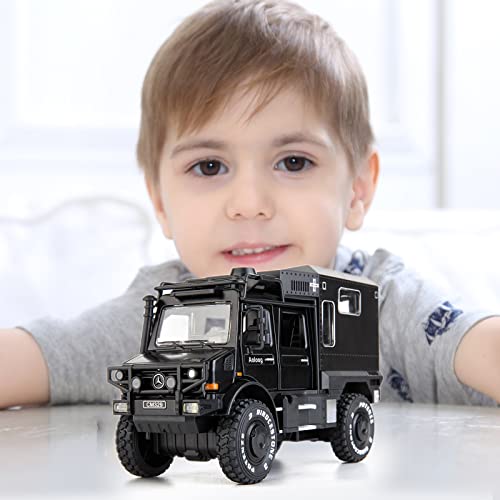Bdtctk Compatible For Benz Unimog 1:28 Car Model, Diecast Pull Back Car Toy Car, Doors Open, Light And Sound, Boys Toys Kids Adults Gifts Black #TOP5