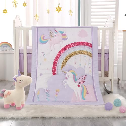Image of Wowelife Mini Girl Crib Bedding Set, 3 Piece Unicorn Mini Crib Comforter Set, Baby Girl Nursery Bedding Set Include Breathable Comforter, Crib Skirt and 38x24 Sheet, Purple