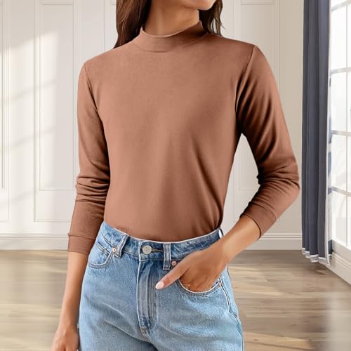 Womens Fall Tops Fleece Long Sleeve Pullover A-Light Yellow L | Womens Mock Neck Tops,Casual Basic Tees,Fall Plus Size Shirts,Thermal Long Sleeve Undershirt,Fall Winter Clothes Trendy - image 4