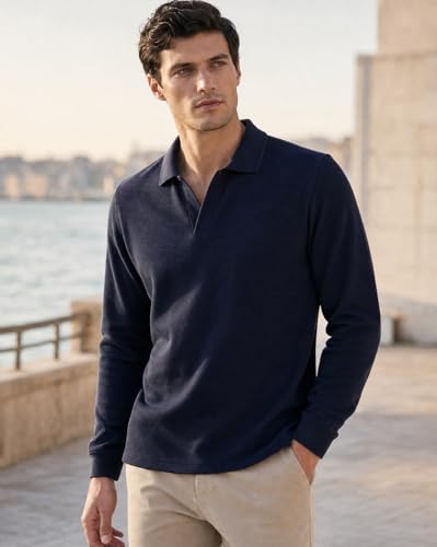 Image of Nobero Popcorn Textured Full Sleeve Polo T-Shirt for Men | Regular Fit