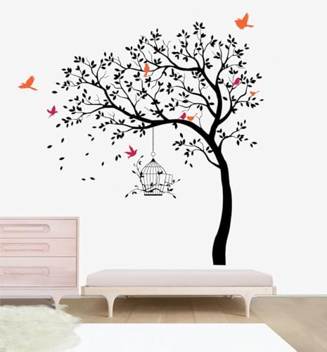 Image of Rawpockets Tree with Birds and Cage(PVC Vinyl) Self Adhesive WallSticker (Black)