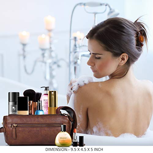 ESTALON Travel Toiletry Bag for Men & Women - Genuine Leather Hanging Toiletry Bag For Travelling - Leather Dopp Bag Kit Pouch (Brown)